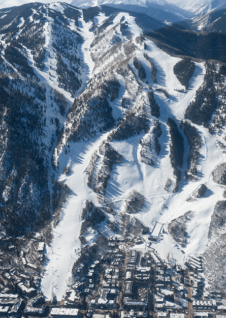 aerial view of Aspen mountain, showing the main runs that lead into town